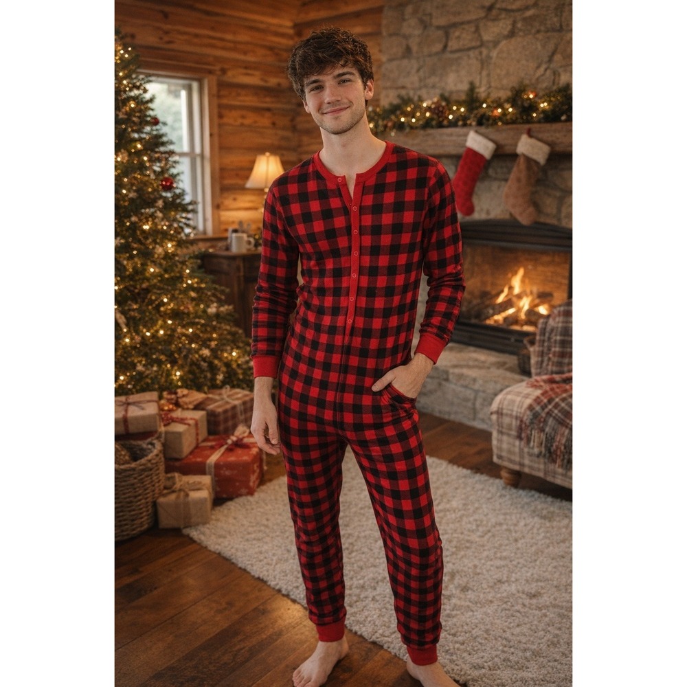 Fruit of the Loom ~‎ Waffle Knit Thermal Plaid Onsie, Pajamas, Long Johns